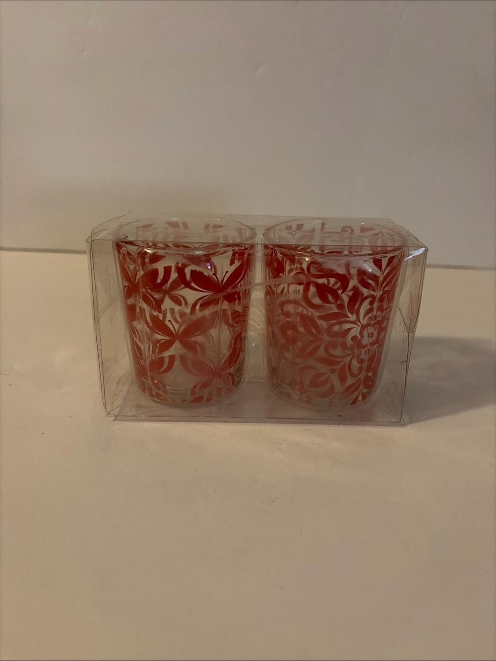 Clear glass With Red Patterns Votive Candle Holders set of 2 -NIB -vintage Style